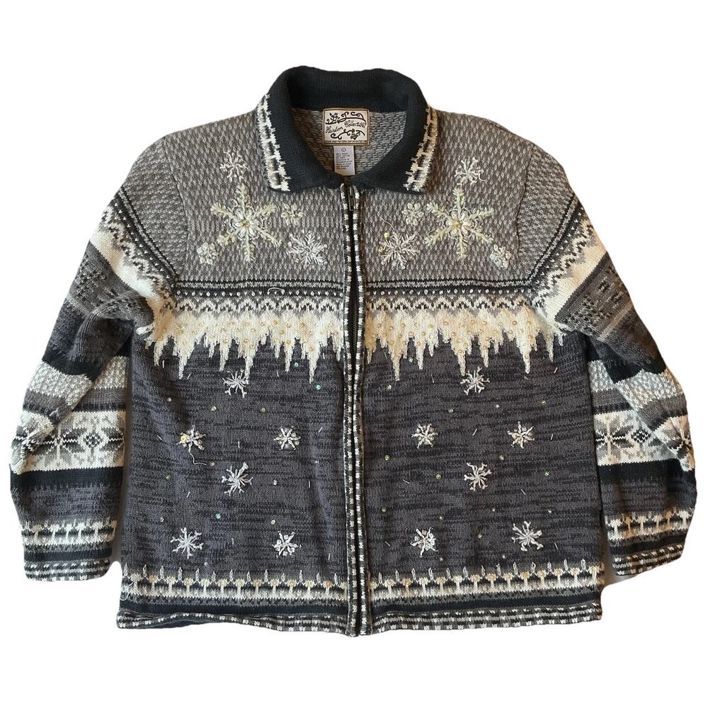 Heirloom Collectibles Women Sweatshirt L Gray Snowflakes Embroidery Fair Isle